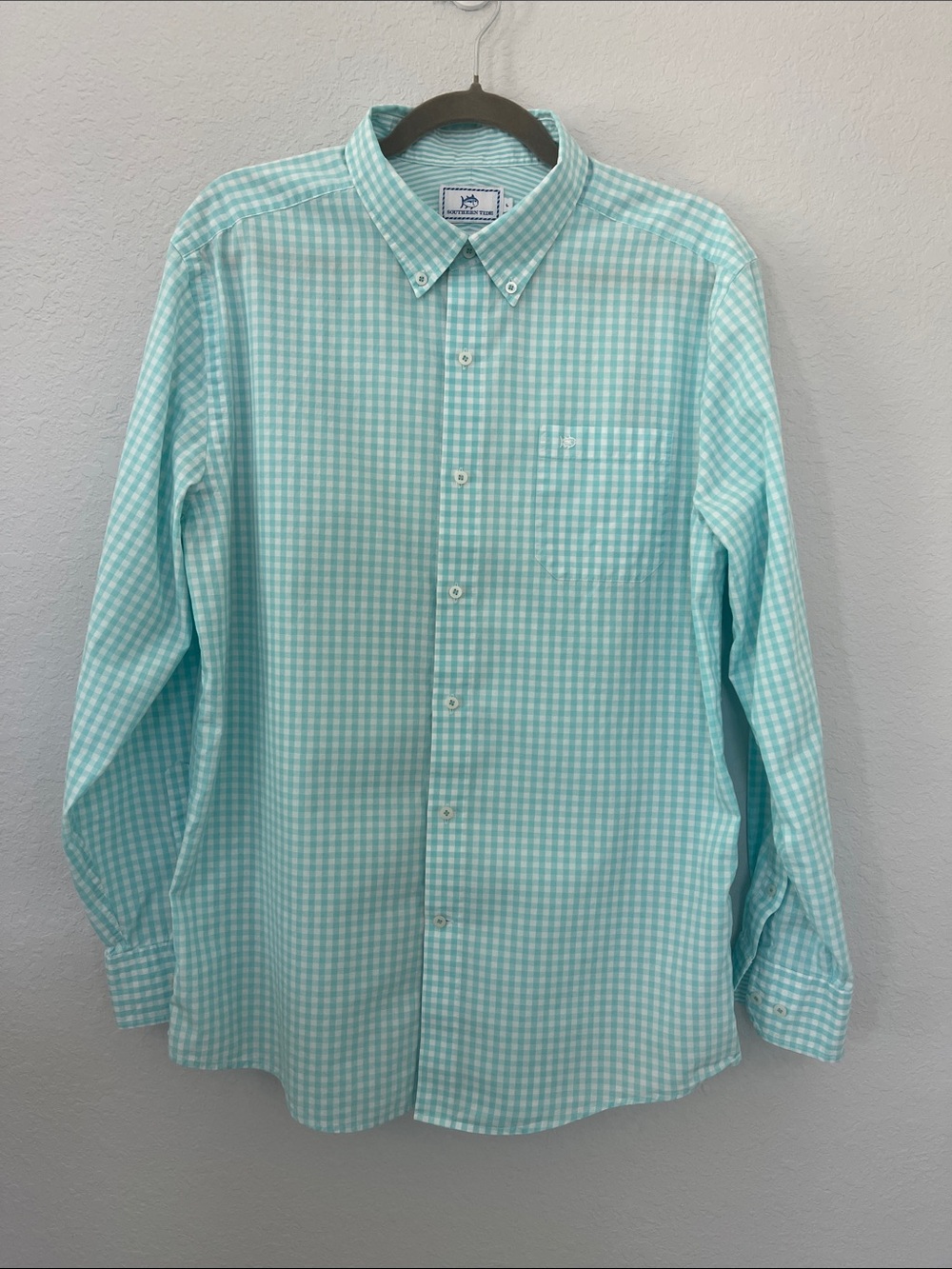 Southern Tide Trim Fit Button Down Shirt Mens Large Aqua White Gingham Cotton